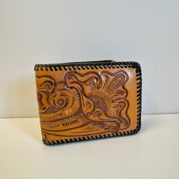 Vintage Floral Tooled Leather Wallet Western Design Bifold with Coin Pocket‎ - Picture 2 of 16